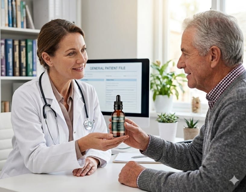 Doctor recommending ViriFlow supplement to elderly male patient