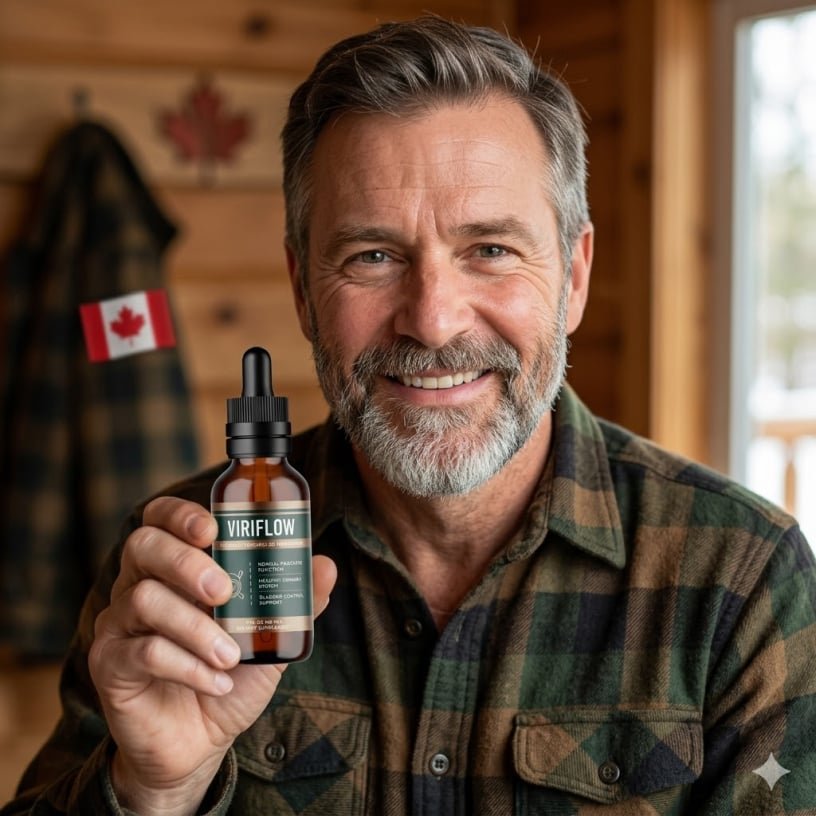 A 52-year-old Canadian man smiling and holding a single bottle of ViriFlow supplement.