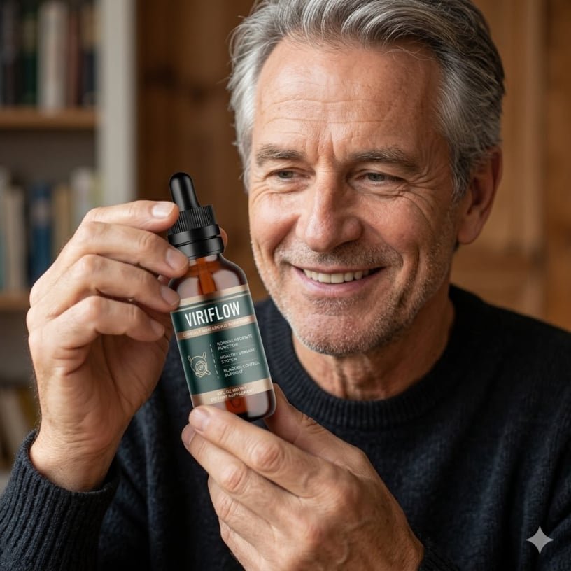 image of a 67-year-old European man smiling while holding a single bottle of Viriflow dietary supplement