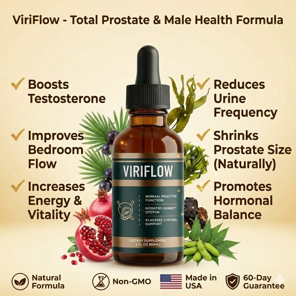 ViriFlow liquid supplement bottle with natural ingredients, listing six health benefits